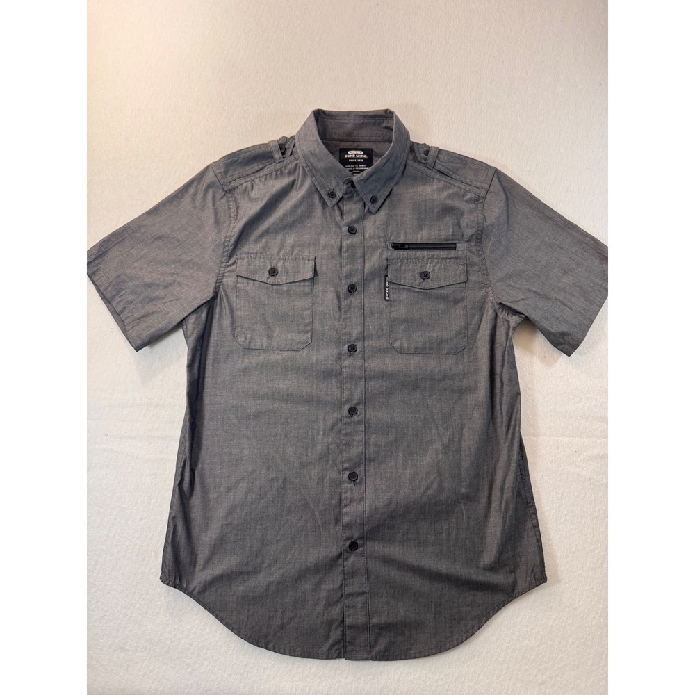 Ecko Unltd Mens Small Gray Short Sleeve Button Down Utility Shirt Epaulets Grey